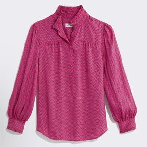Vineyard Vines Women's Silk Twill Ruffle Collar Popover Sz XL Pink Diamond Print
